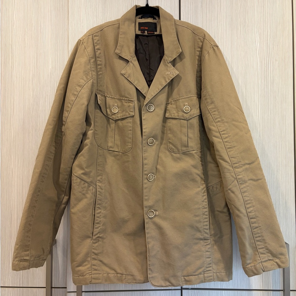 Zara Man Canvas Field Jacket L Tan Heavyweight Cotton Vintage Style